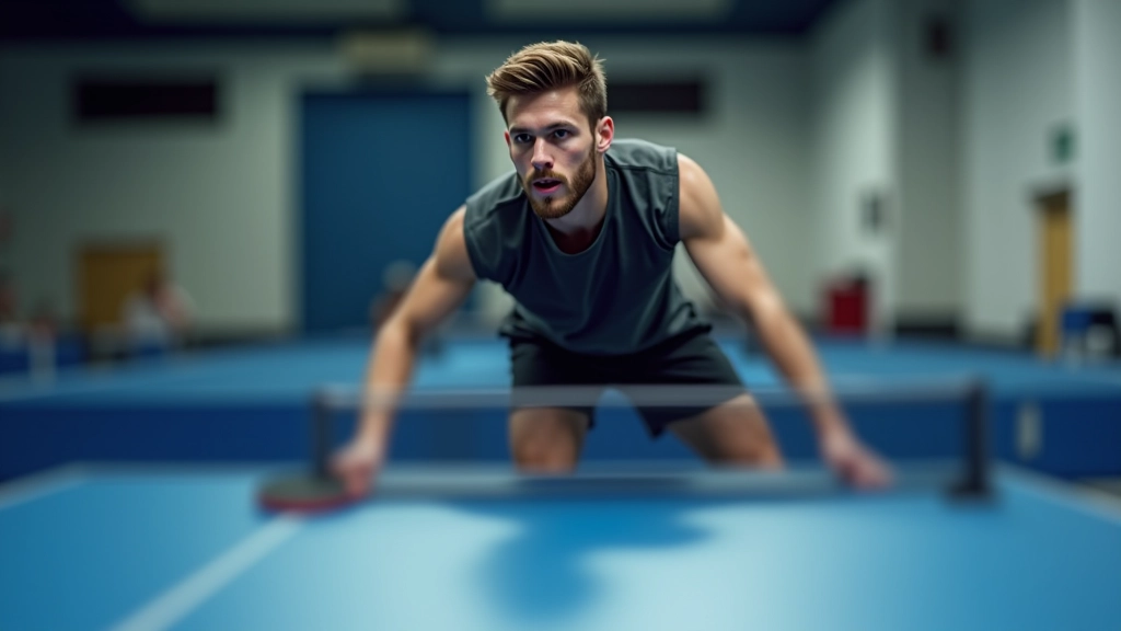 لاعب تنس طاولة في وضعية البداية الصحيحة مع قدميه بعرض الكتفين وركبتيه مثنيتين قليلاً